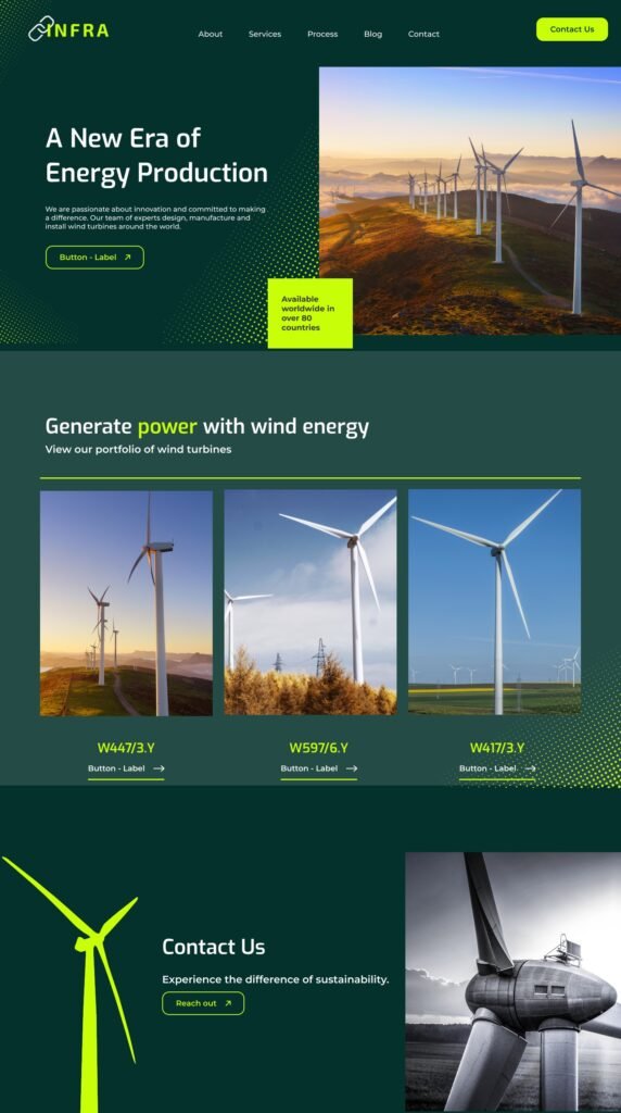 Bold website design template with striking visuals and modern aesthetics designed for energy, environmental, and agricultural sectors.