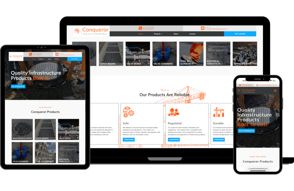 Responsive website design for Conqueror Building Materials, showcasing seamless functionality and modern aesthetics across desktop and mobile devices.