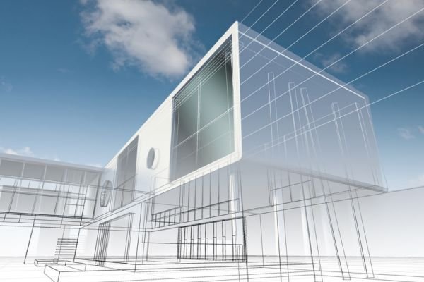 Modern building fading into sketched lines, symbolizing how Infrastructure Tech Services brings architectural visions to life through modern custom web design.”